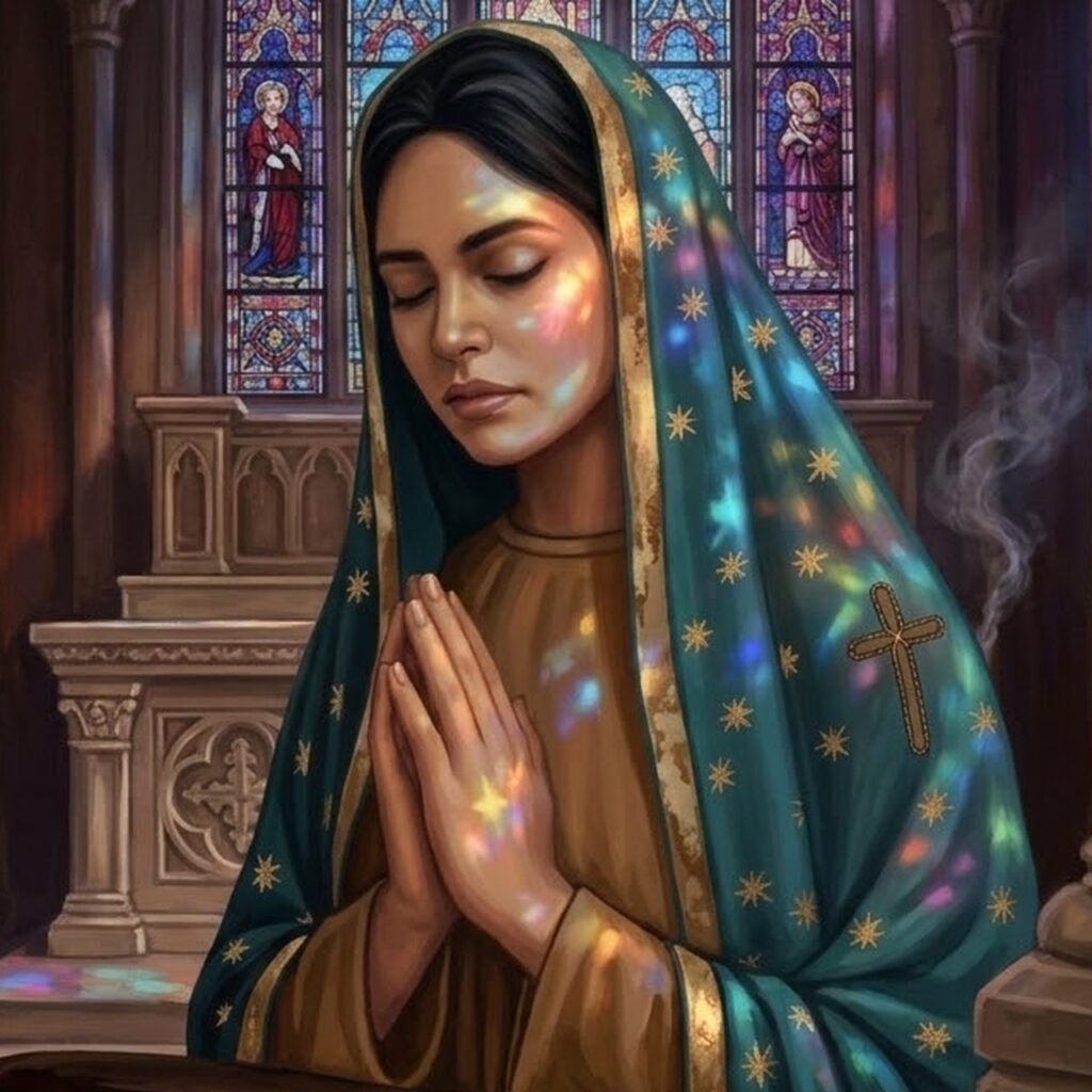 Our Lady of Guadalupe praying, bathed in stained-glass light